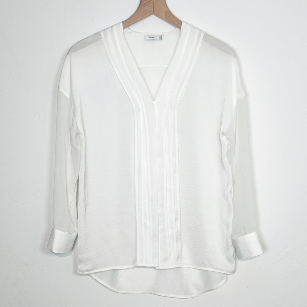 Vince White Silk Blouse with Sheer Sleeves